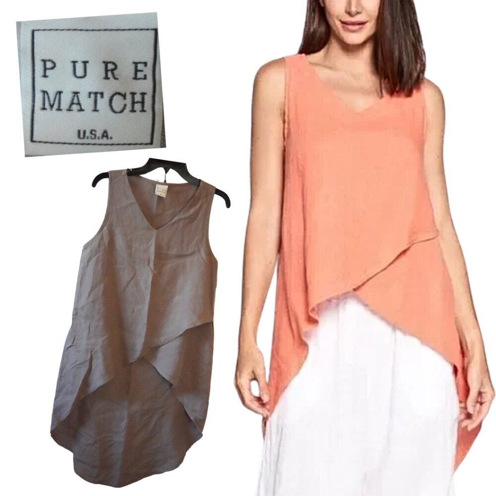 Pure Match, 100% Linen Cross Wrap Hi Low Tunic Top, Brown,‎ Tan